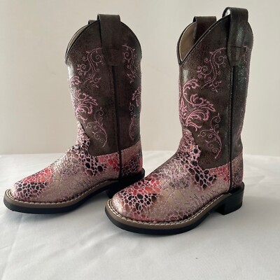 Old West Pink Crackle Youth Cowboy Boots Size 9.0-D 9in Tall 7.5 in Long