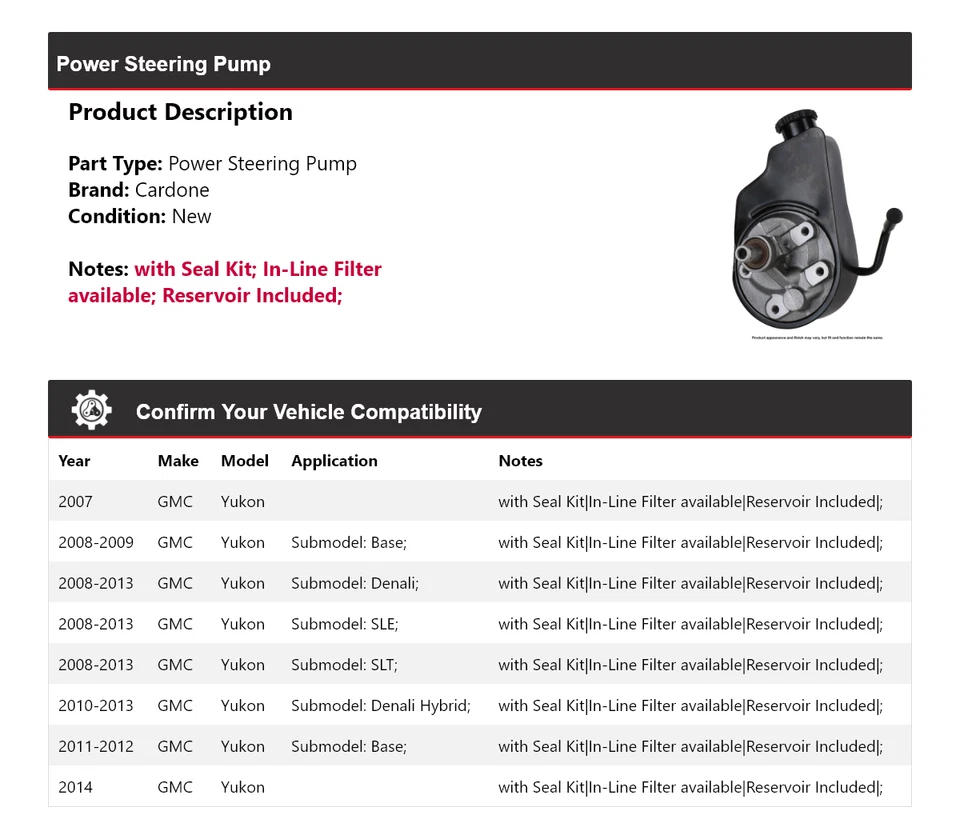 Bomba de dirección asistida Cardone para GMC Yukon 2007-2014 2008 2009 2010 2011 2012 Foto 2 de 4