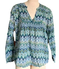 Dressbarn BOHO Blouse Jrs 14-16 Blues Greens Piping Smocking Long Sleeve #216G