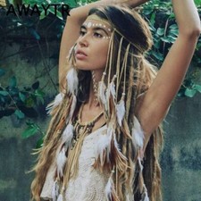 Boho Feather Headband Gypsy Indian Headdress Boho Hippie Headpieces Tassel Fe...