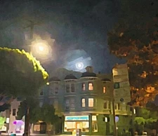 canvas wall art San Francisco foggy moonlite night above coffee house