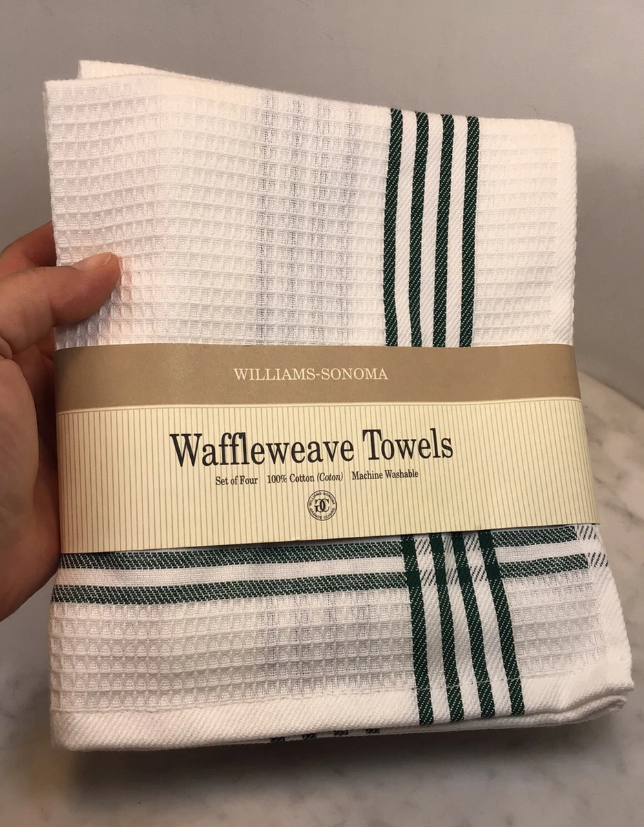 WILLIAM SONOMA Waffle Weave Kitchen Towels Set Of Four White Green