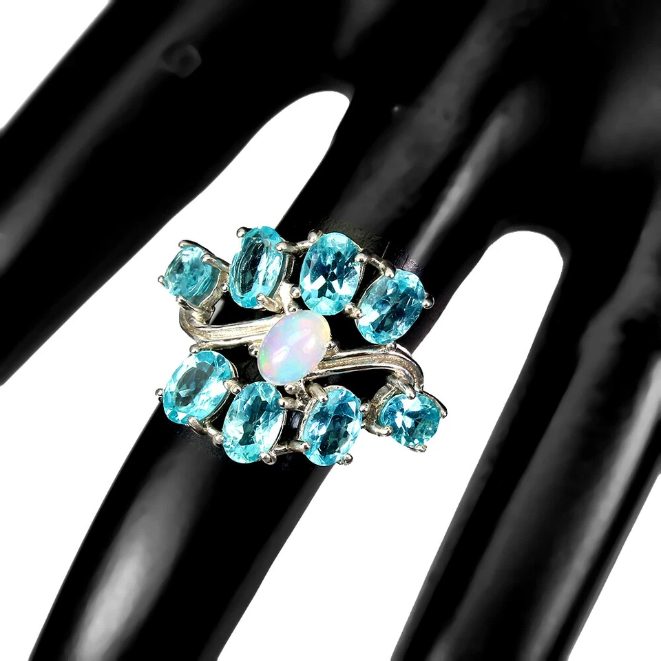 925 Anello Argento Sterling Ovale Apatite Opale di Fuoco Gemma Gioielli - Immagine 3 di 4