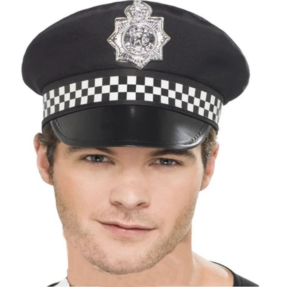Smiffys Erwachsenen Schwarze Polizei Panda Cop Hut Cap Karriert Band Abzeichen - Bild 1 von 1