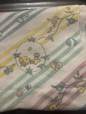 Vtg Baby Blanket Teddy Bear Ball Rattle Blocks Flowers White blue green Pink