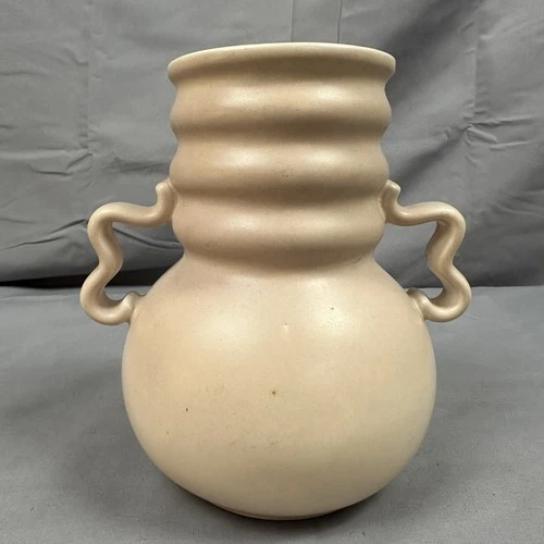 Vintage Stangl Art Deco Pottery Vase Ribbon Handles Cream Color MCM Decorative