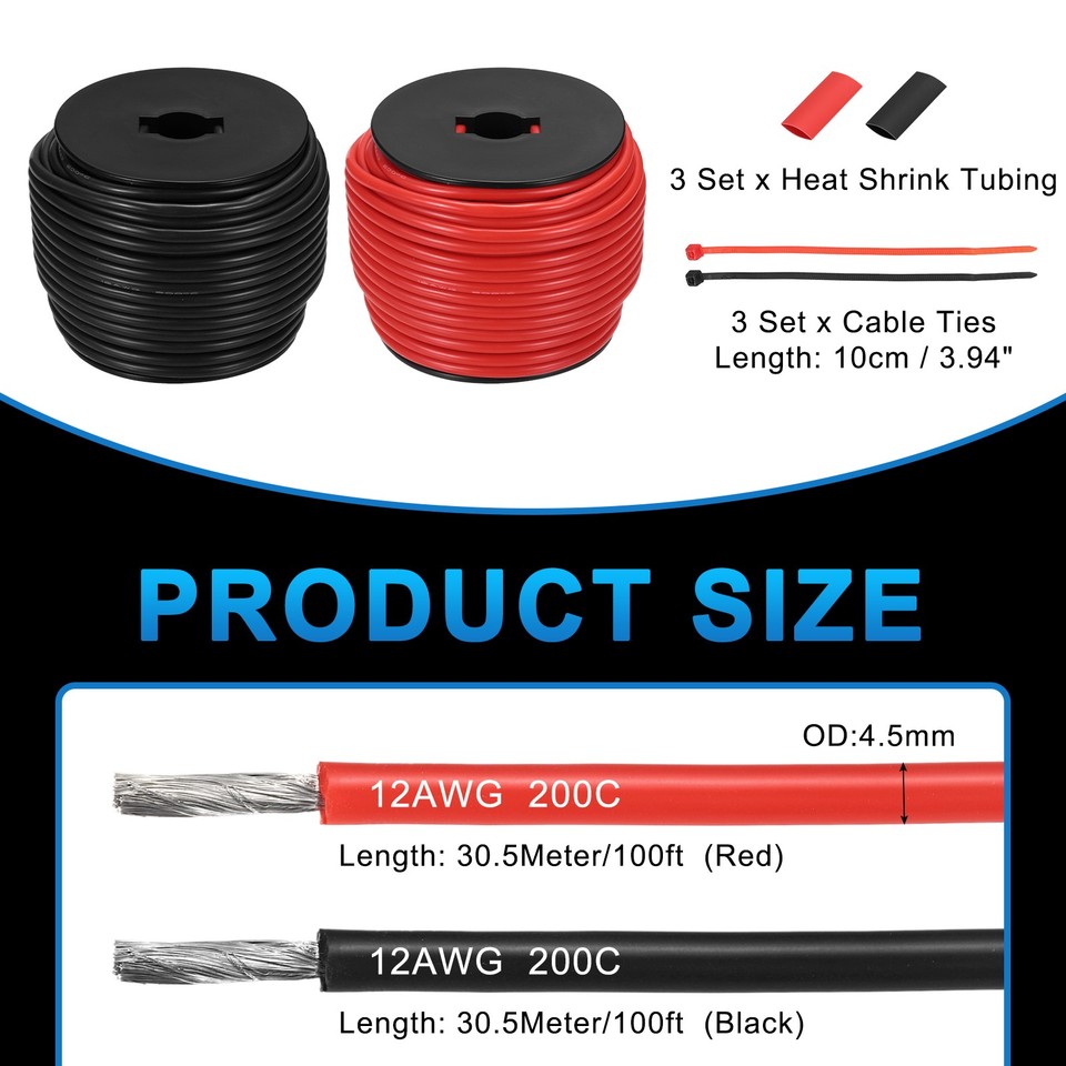 Wire Spool Top Silicone Electrical Wire Spool, 12AWG 100ft with Heat Shrink Tubing ...