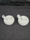 Lot of 2 Fenton Vtg Milk Glass Hobnail Taper Candle Holder Finger Loop #3870