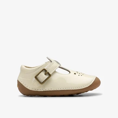 CLARKS CHILDREN'S Clarks Girls Tiny Skip Toddler White Patent T Bar Shoes,Pre Walker Leather