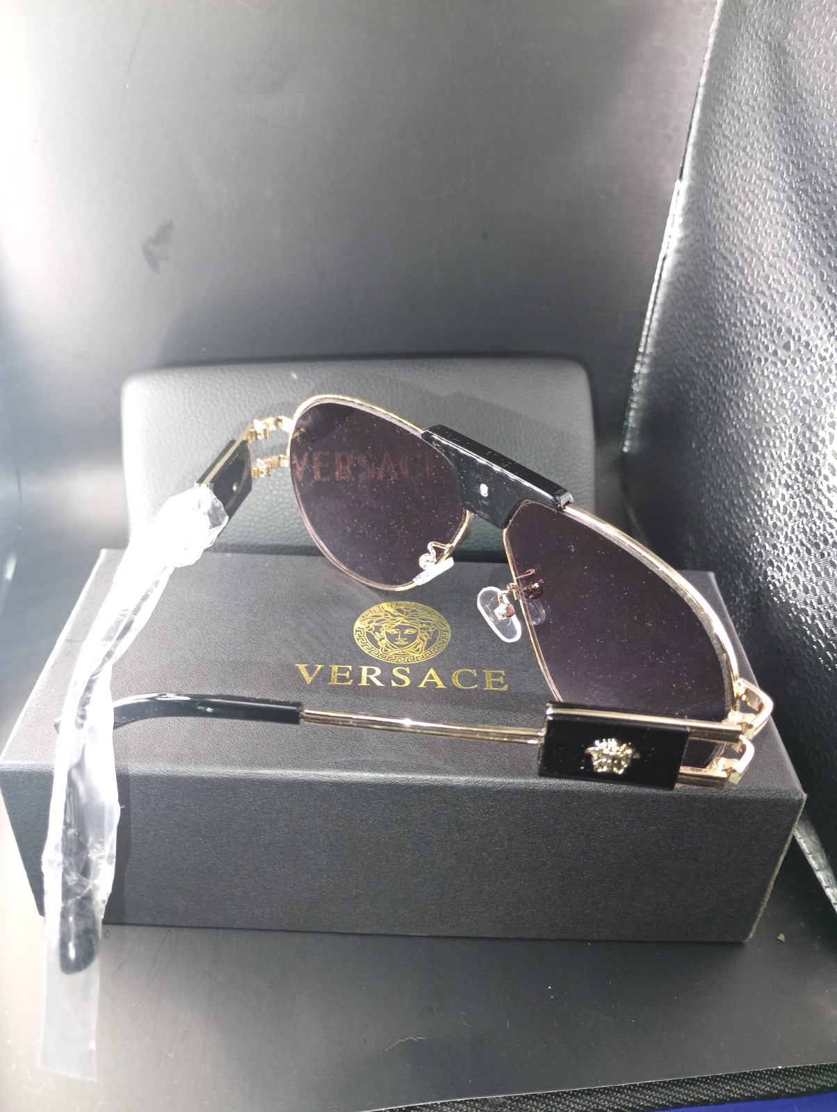 Versace Aviator Designer Sunglasses Gold Metal Frame Black Tinted Lenses Men thumbnail 3