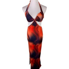 SHEIN Women's Small Orange Purple Abstract Marble Swirl Halter Cutout Maxi Dress