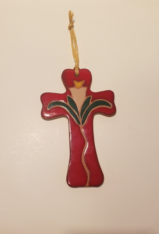  Hill Country Art Pottery Tile,Red Glazed Cross With Lily Flower,Terracotta Clay
