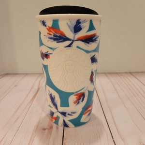 Starbucks Aqua Blue Coral Feathers Travel Mug Tumbler 12 Oz w/ Lid Ceramic Rare