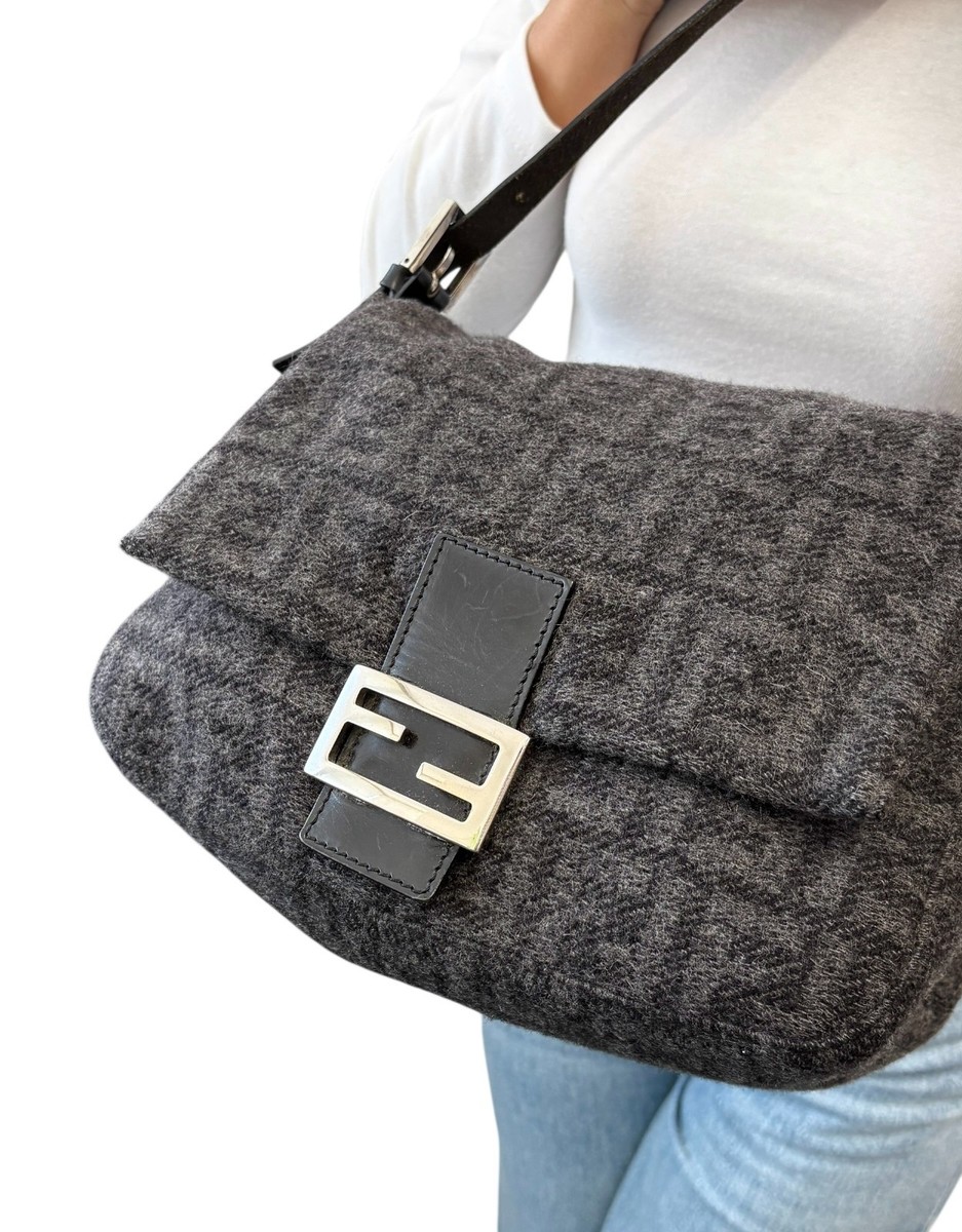 FENDI Vintage Zucca FF Logo Mamma Baguette Shoulder Bag Gray Black