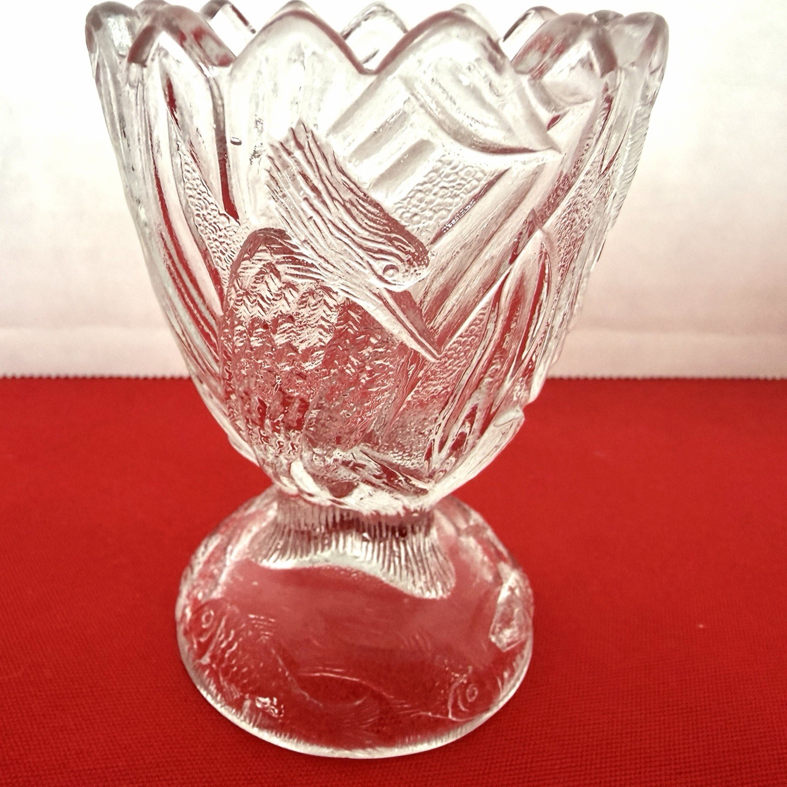 1920 KINGFISHER BY CANTON GLASS CO. CRYSTAL TOOTHPICK HOLDER Fish Cattails Rare