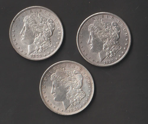 Lot of 3 Morgan Silver Dollars – 1879-O, 1889 & 1921 AU – 90% Silver Investment