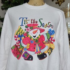 Vintage JERZEES Women's Large White Graphic Crew Snowman Christmas Sweatshirt