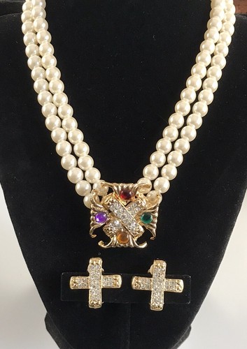 Vintage Gold Tone Faux Pearl Multi Color Maltese Cross Necklace Earring Set #44