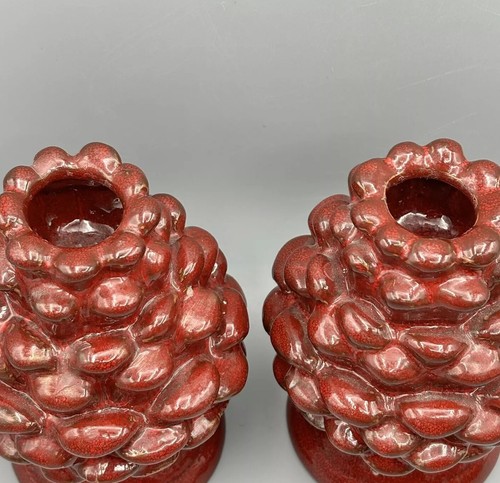 Dept. 56 Red Ceramic Pine Cone Candle Holders 5.5” Rustic Log Decor Set Of 2 - Picture 2 of 6
