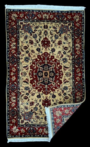 Vintage 3x5 Handmade Wool Floral Burgundy Tan Ivory Pink Navy Blue Medallion Rug - Picture 2 of 16