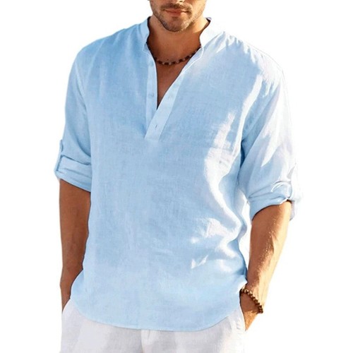 T-shirt a maniche lunghe in lino da uomo nuova tinta unita camicia casual traspi - Foto 40 di 67