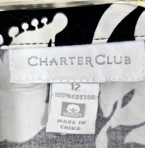 Charter Club Black/White Floral Shirt Sleeveless Dress Button Down Midi Size 12 - Picture 7 of 8