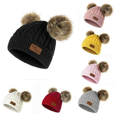 Toddler Kids Baby Knitting Wool Hemming Hat Winter Warm Hiarball Fur Ball Cap