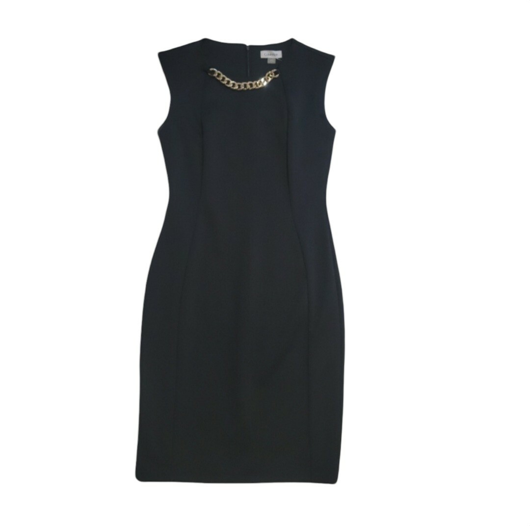calvin klein black dress with gold chain Calvin Klein Solid Black Gold Chain Embellished Sheath Dress 6 Career  Cocktail
