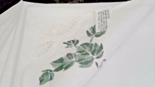 Grn Leaf Print Battenburg Corner Cockl/Lunch Naps Set 6 W 16.5 x 16.5 Cott W/D - Picture 3 of 4