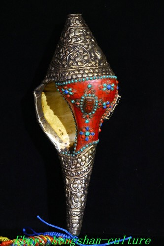 12.5'' Old Tibet Miao Silver Inlay Conch Fish Goldfish Fishs Trumpet Statue - 第 7/9 張圖片