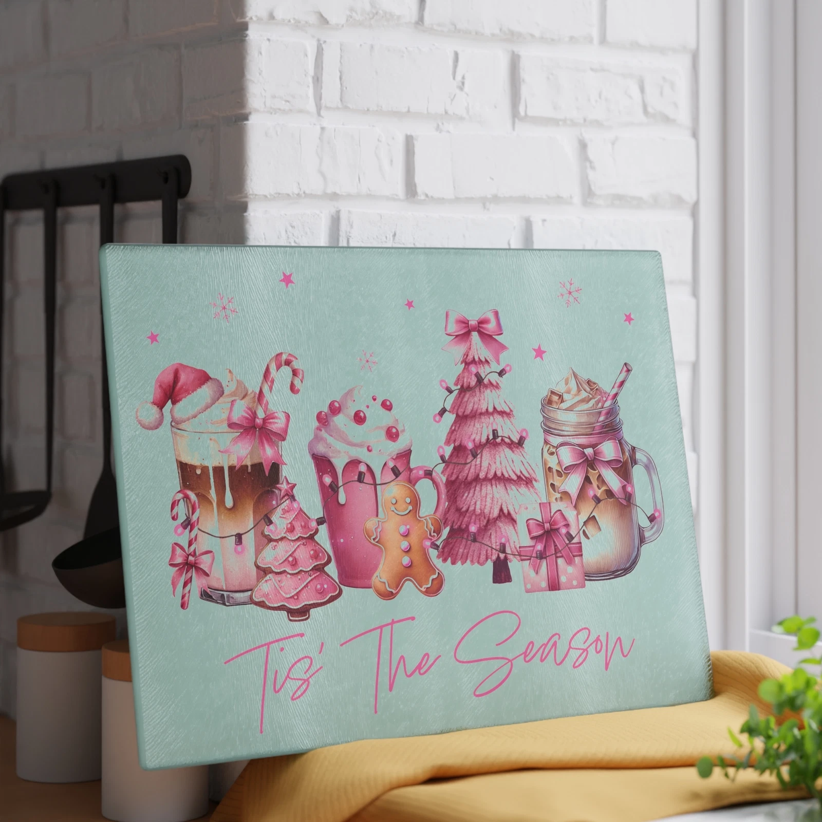 Pink Festive Glass Cutting Board, Holiday Decor, Tis the Season Kitchen Gift