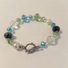 Blue Crystal Bracelet Beaded Clear White Pearl Silver Metal Handmade Bangle New