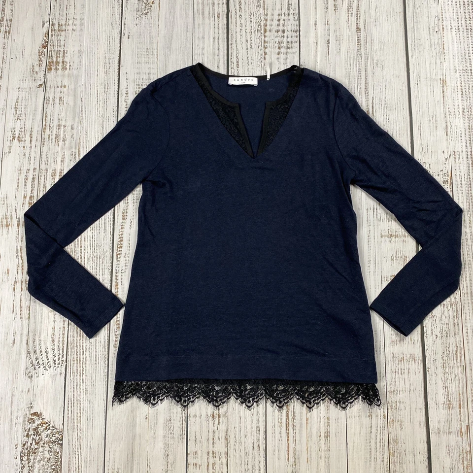 SANDRO PARIS MUJER LINO TÚNICA TOP ENCAJE RIBETE AZUL NEGRO MANGA LARGA TALLA 2
