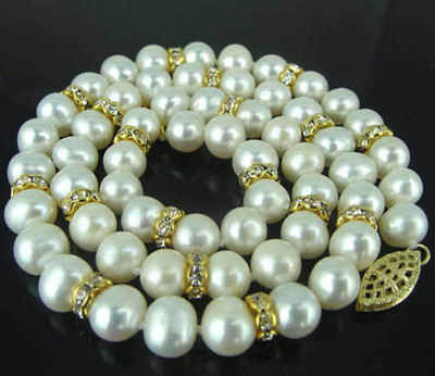 Genuine Natural White Akoya Freshwater Pearl Necklace - 18 Inch, Baroque Pearls, Silver Plated