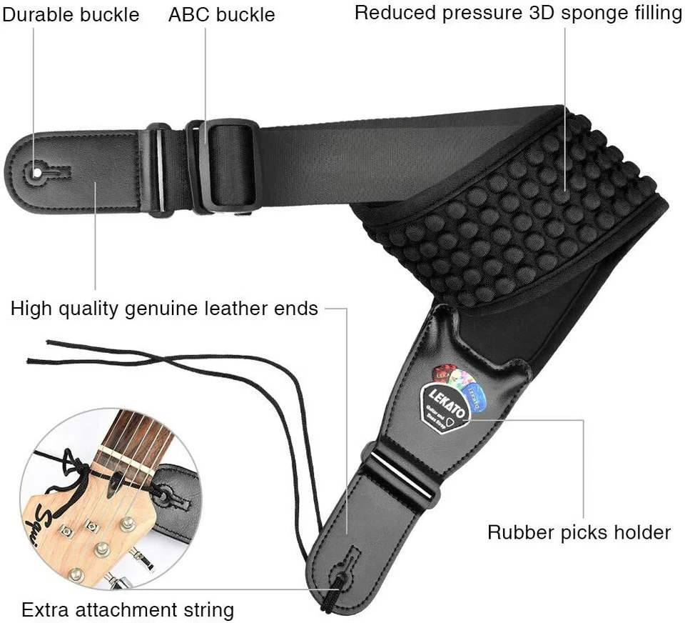 Correa para Guitarra Eléctrica LEKATO 3D Relleno de Esponja Cinturón Ajustable 3.5" Ancho 6 Selecciones Foto 4 de 4