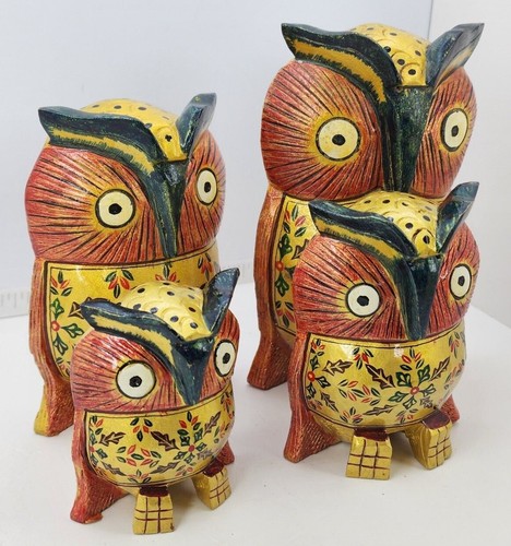 OWL figure Wood Wooden Hand carved Statue Beautiful Hand artwork SET OF 4 AND 5 - Picture 11 of 36