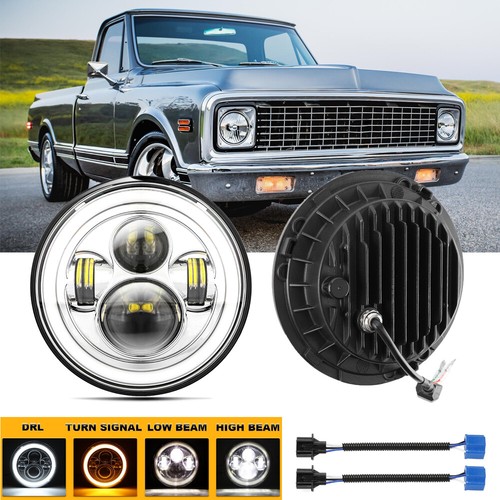2pcs 7" Inch Round LED Headlight Amber Sealed Hi-Lo Beam For Dodge D100 D200