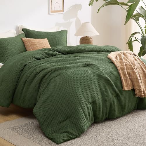 Waffle Comforter Set Queen, Soft and Breathable Dark Green Bedding Comforter