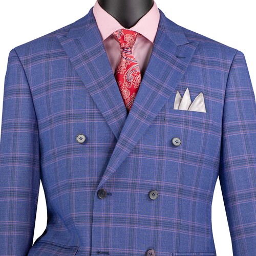 VINCI Men's Blue Glen Plaid Stretch Double Breasted Modern-Fit Suit - NEW - Picture 2 of 3