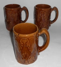 VINTAGE American Art Pottery Set/3 Gloss Brown Beer Mugs