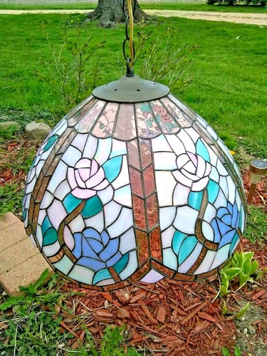 Tiffany Stained Glass with Copper Filament Hanging Lamp Floral Design TESTED - Picture 2 of 10