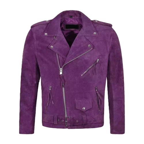 Men's 100% Genuine Suede Leather Purple Biker Jacket Classic Motorcycle Jacket - product listing photo