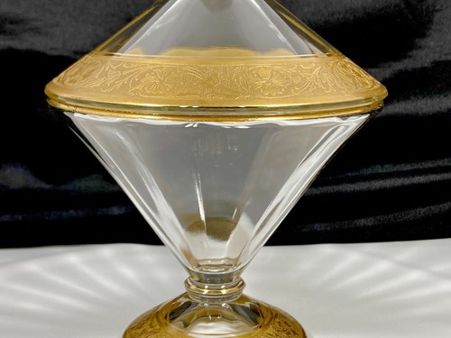 RARE Gold Encrusted Floral Blown Optic Glass Covered Candy Compote Dish 7 1/2" - Picture 5 of 18