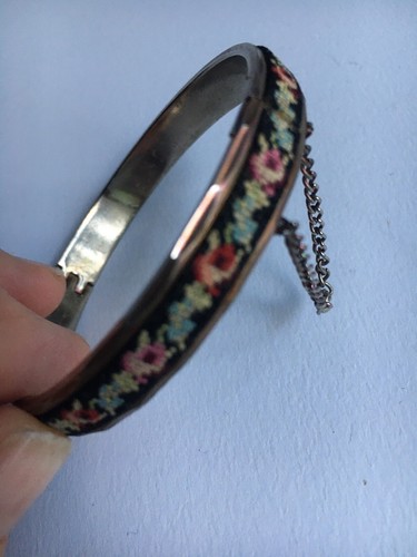 Vintage Needlepoint PETIT POINT Roses Hinged Bracelet w/Chain Diamond Cut Brass