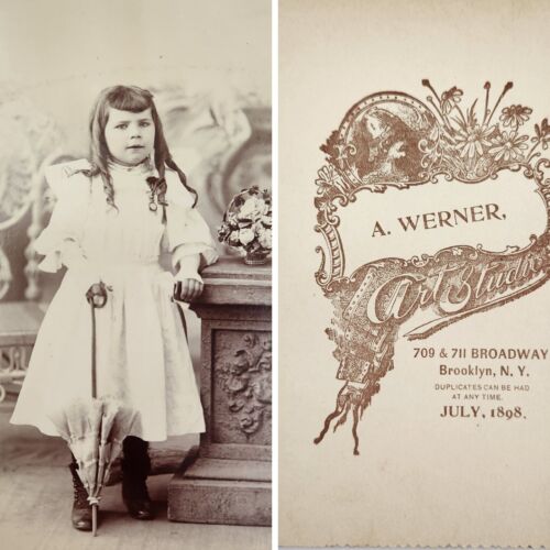 Cabinet Card Little Girl Parasol Ringlets Jewelry Flower Bouquet Werner Brooklyn - Picture 1 of 5