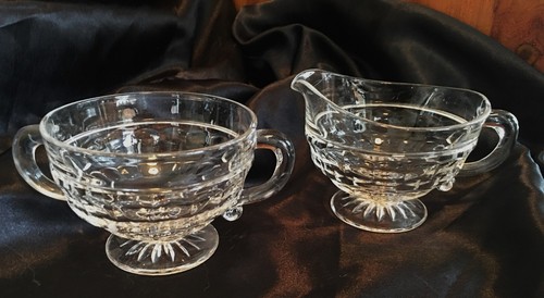 Vintage 1950s Cambridge Heirloom Clear Glass Thumbprint Open Sugar & Creamer USA - Picture 1 of 13