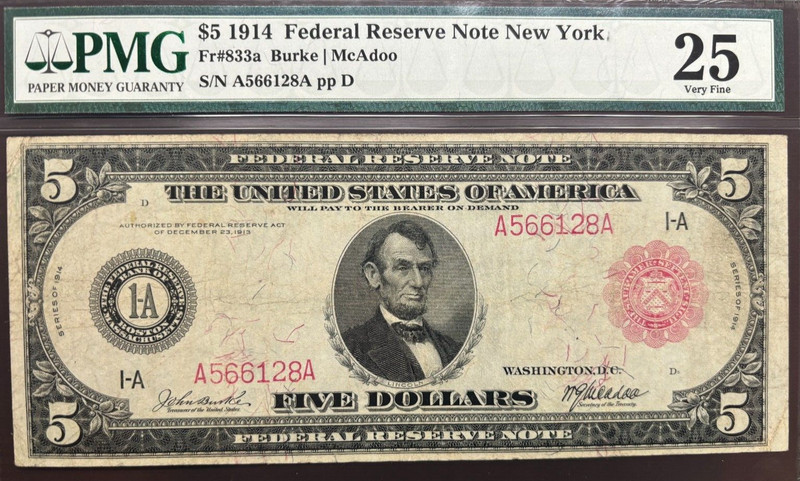 PMG ERROR NOTE ... 1914 $5 Red Seal FRN Note PMG VF25 - Very Collectable & Sharp