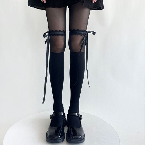 Brand New JK Style Thigh High Stockings With Backseam And Bow Music Legs Strap - Picture 21 of 22