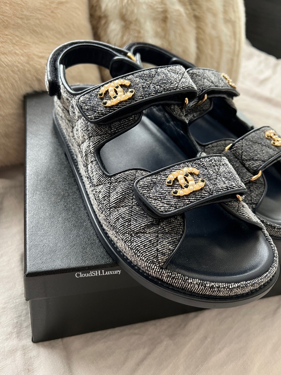 Auth BNIB Chanel 21A Rare Denim Deep Gray Dad Sandals -Size Auth BNIB Chanel 21A Rare Denim Deep Gray Dad Sandals -Size