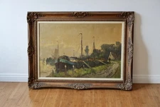 Vintage Signed Dutch Impressionist Oil Nautical Painting Antique Ornate Frame